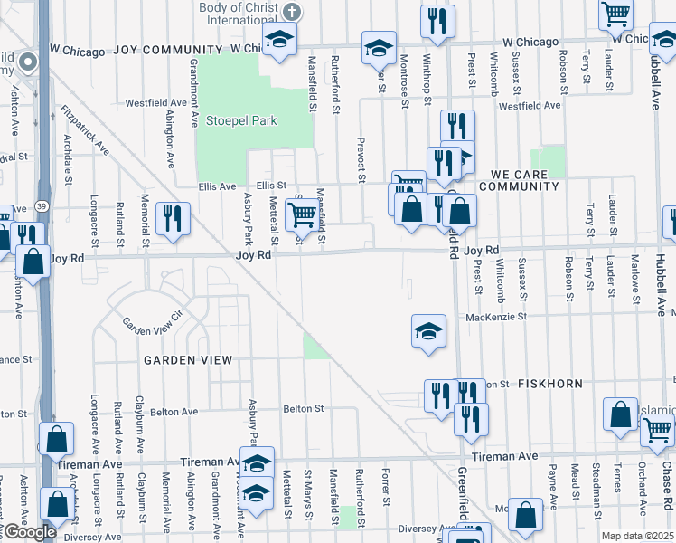 map of restaurants, bars, coffee shops, grocery stores, and more near 15801 Joy Road in Detroit