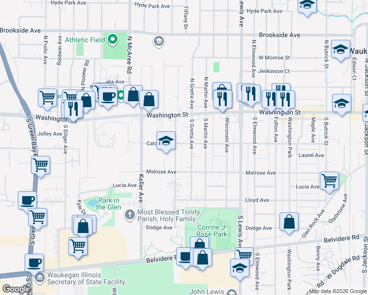 map of restaurants, bars, coffee shops, grocery stores, and more near 129 South Orchard Avenue in Waukegan