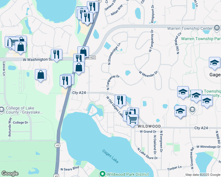 map of restaurants, bars, coffee shops, grocery stores, and more near 18615 Sterling Court in Grayslake