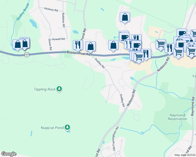 map of restaurants, bars, coffee shops, grocery stores, and more near 15 Shady Hill Lane in Sudbury