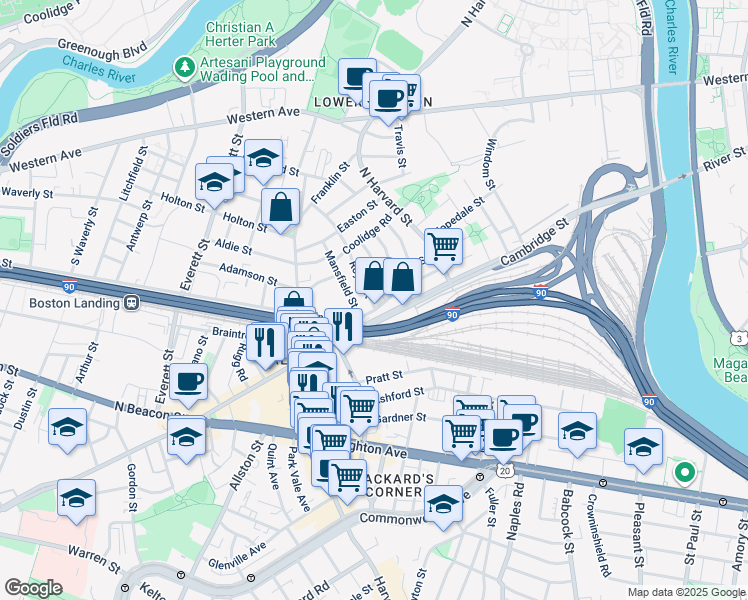 map of restaurants, bars, coffee shops, grocery stores, and more near 7 Mansfield Street in Boston