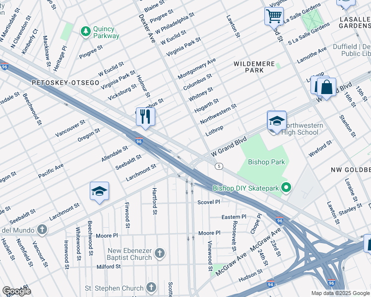 map of restaurants, bars, coffee shops, grocery stores, and more near Grand River Ave & Lothrop Ave in Detroit