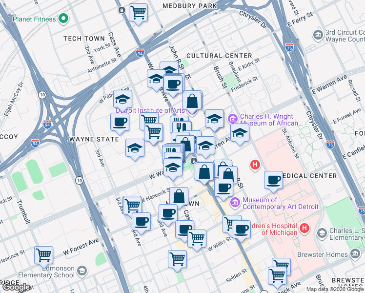 map of restaurants, bars, coffee shops, grocery stores, and more near 5057 Woodward Avenue in Detroit