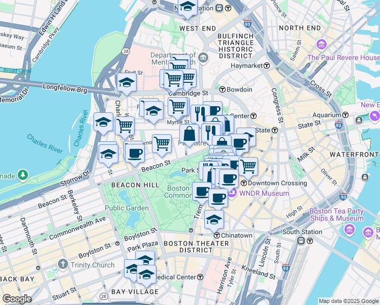 map of restaurants, bars, coffee shops, grocery stores, and more near 25 Beacon Street in Boston