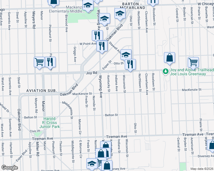 map of restaurants, bars, coffee shops, grocery stores, and more near 8555 Kentucky Street in Detroit