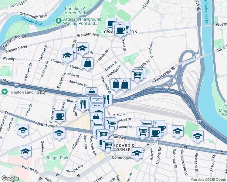 map of restaurants, bars, coffee shops, grocery stores, and more near 7 Mansfield Street in Boston