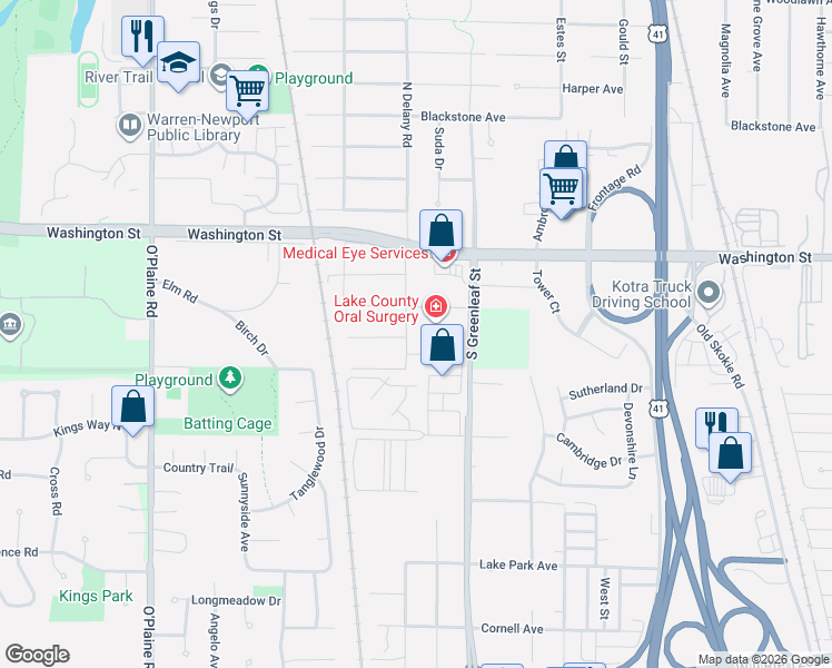 map of restaurants, bars, coffee shops, grocery stores, and more near 4088 Woodcrest Court in Gurnee