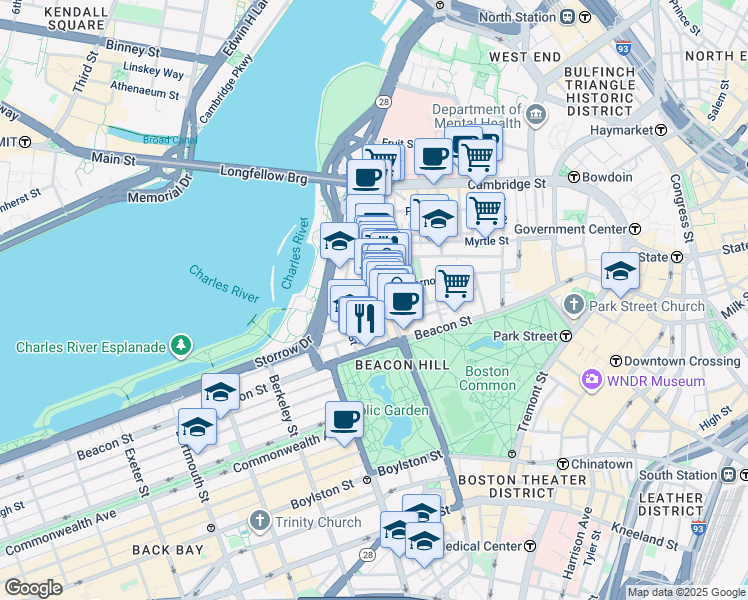 map of restaurants, bars, coffee shops, grocery stores, and more near River Street in Boston