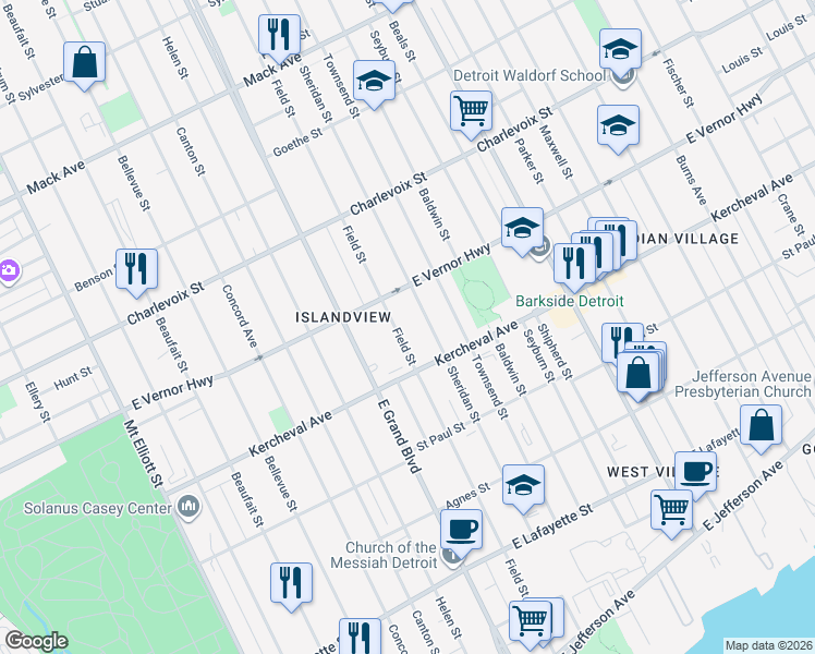 map of restaurants, bars, coffee shops, grocery stores, and more near 2171 Field Street in Detroit