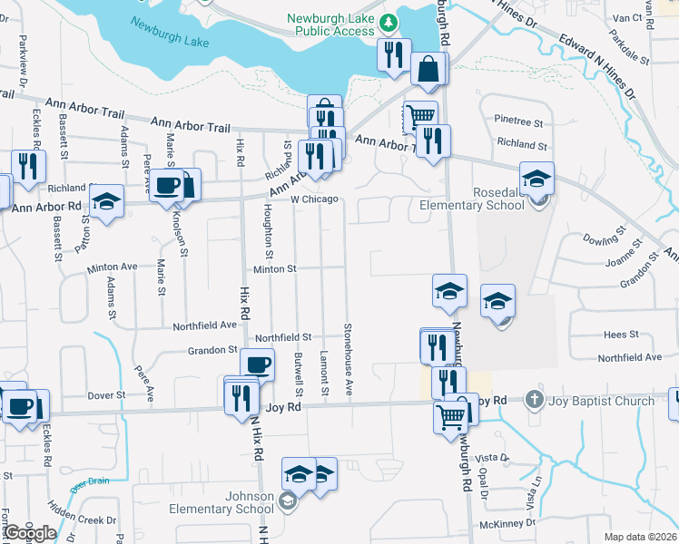 map of restaurants, bars, coffee shops, grocery stores, and more near 9234 Lamont Street in Livonia
