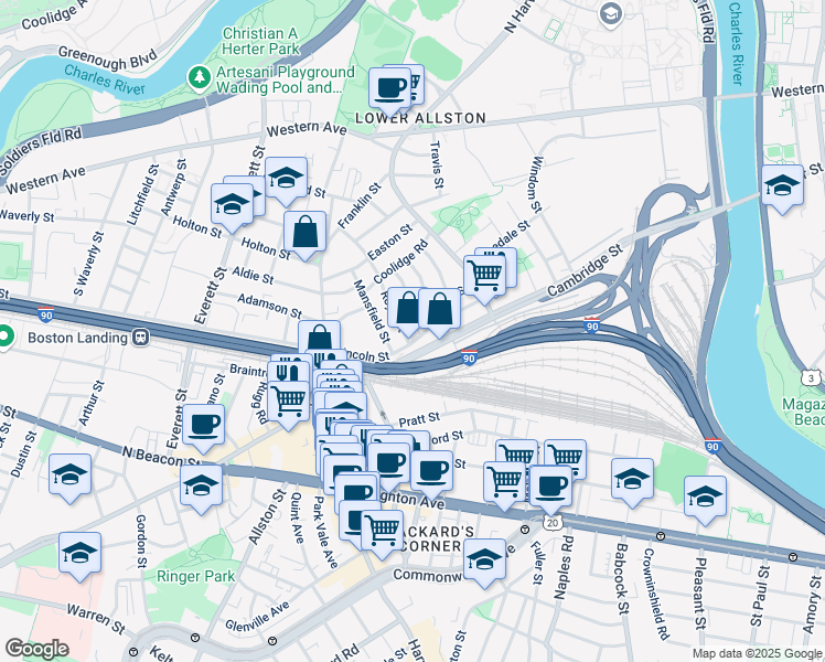 map of restaurants, bars, coffee shops, grocery stores, and more near 7 Mansfield Street in Boston