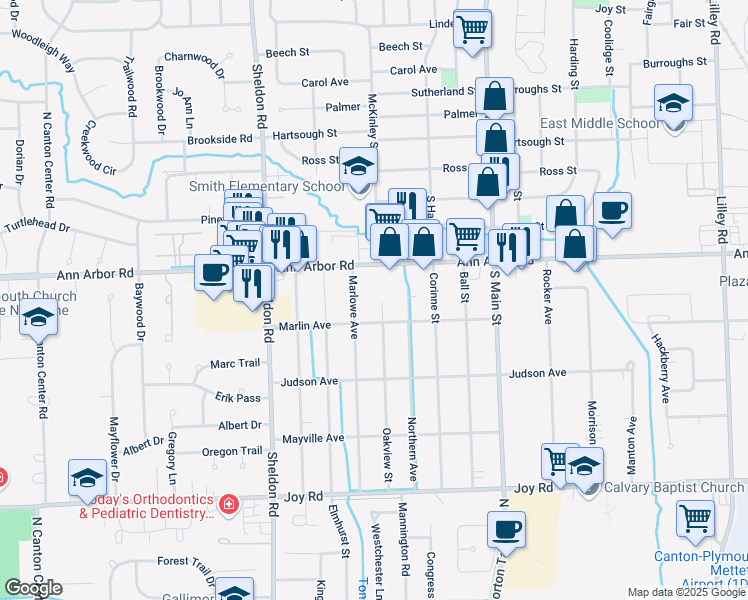 map of restaurants, bars, coffee shops, grocery stores, and more near 9410 Marlowe Avenue in Plymouth
