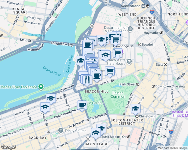 map of restaurants, bars, coffee shops, grocery stores, and more near 47 Charles Street in Boston