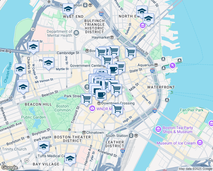 map of restaurants, bars, coffee shops, grocery stores, and more near 327 Washington Street in Boston