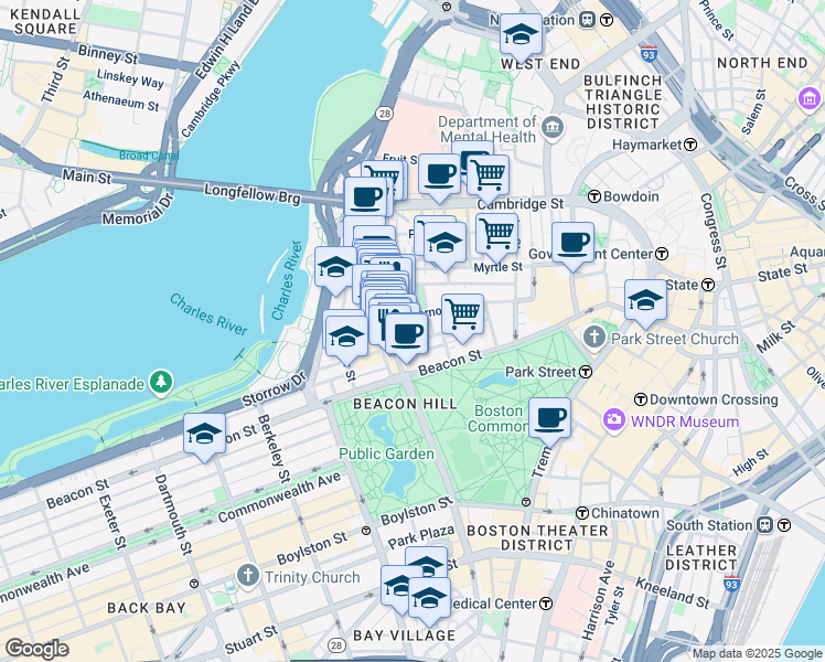 map of restaurants, bars, coffee shops, grocery stores, and more near 8 Acorn Street in Boston