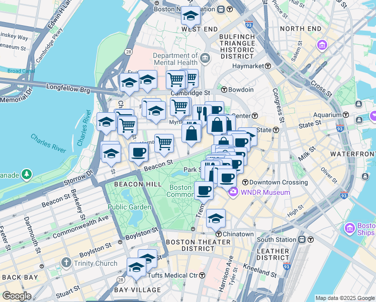 map of restaurants, bars, coffee shops, grocery stores, and more near 7 Joy Place in Boston