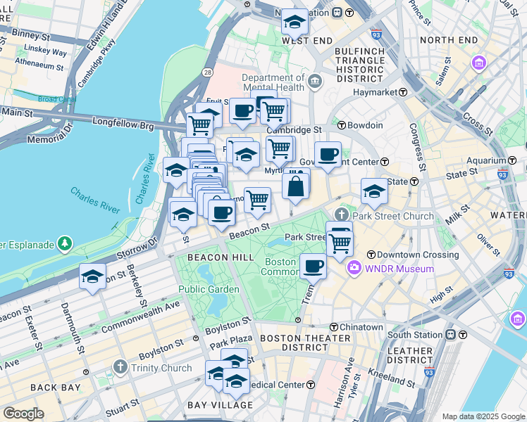 map of restaurants, bars, coffee shops, grocery stores, and more near 44 Beacon Street in Boston