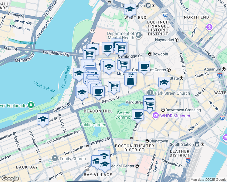 map of restaurants, bars, coffee shops, grocery stores, and more near 44 Beacon Street in Boston