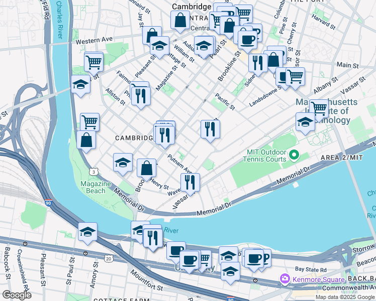 map of restaurants, bars, coffee shops, grocery stores, and more near 216 Sidney Street in Cambridge