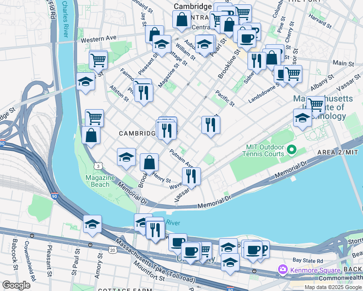 map of restaurants, bars, coffee shops, grocery stores, and more near 216 Sidney Street in Cambridge