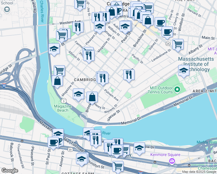 map of restaurants, bars, coffee shops, grocery stores, and more near 14 Putnam Court in Cambridge