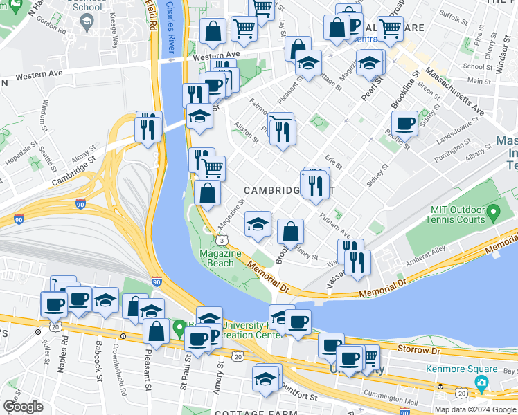 map of restaurants, bars, coffee shops, grocery stores, and more near 17 Glenwood Avenue in Cambridge