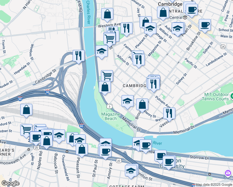 map of restaurants, bars, coffee shops, grocery stores, and more near in Cambridge