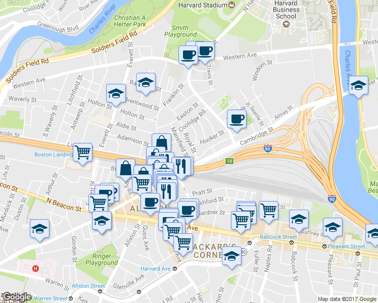 map of restaurants, bars, coffee shops, grocery stores, and more near 7 Mansfield Street in Boston