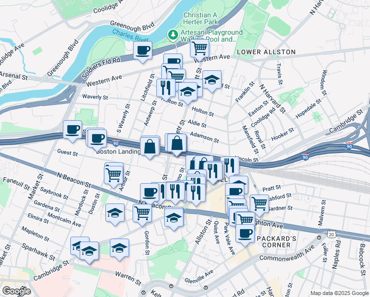 map of restaurants, bars, coffee shops, grocery stores, and more near 214 Lincoln Street in Boston