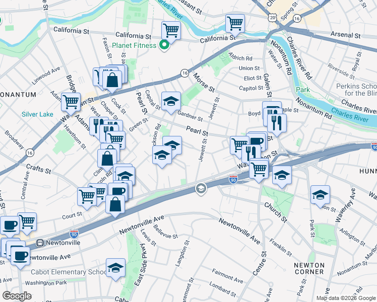 map of restaurants, bars, coffee shops, grocery stores, and more near 58 Walnut Park in Newton