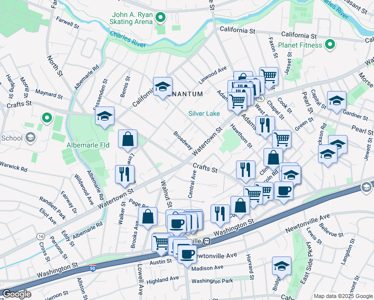 map of restaurants, bars, coffee shops, grocery stores, and more near 179 Crafts Street in Newton