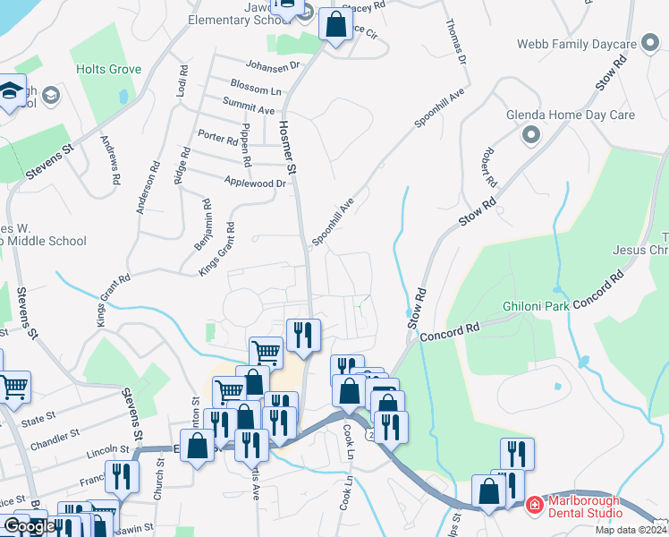 map of restaurants, bars, coffee shops, grocery stores, and more near 159 Hosmer Street in Marlborough