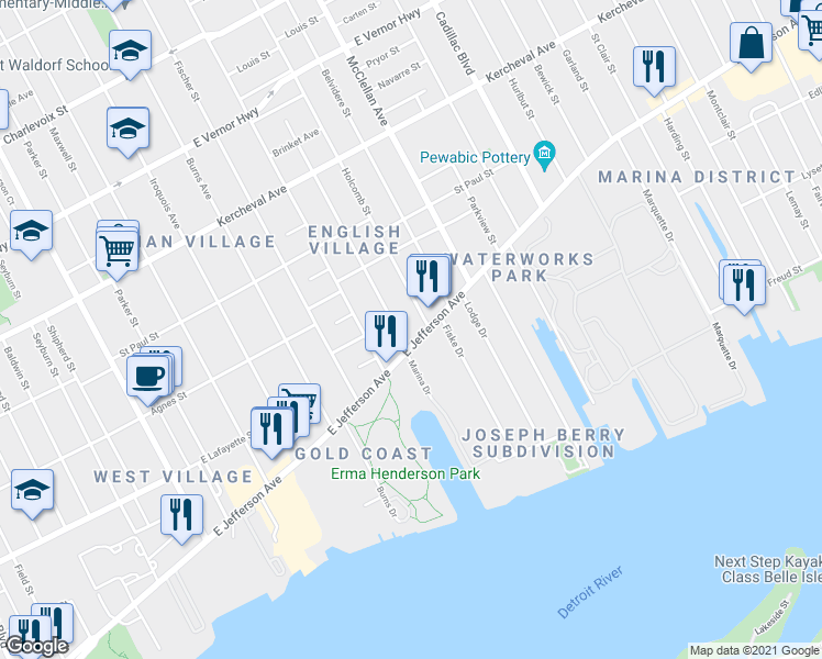 map of restaurants, bars, coffee shops, grocery stores, and more near 8845 East Jefferson Avenue in Detroit