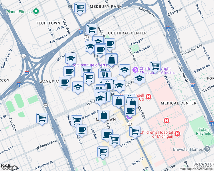 map of restaurants, bars, coffee shops, grocery stores, and more near 42 West Warren Avenue in Detroit