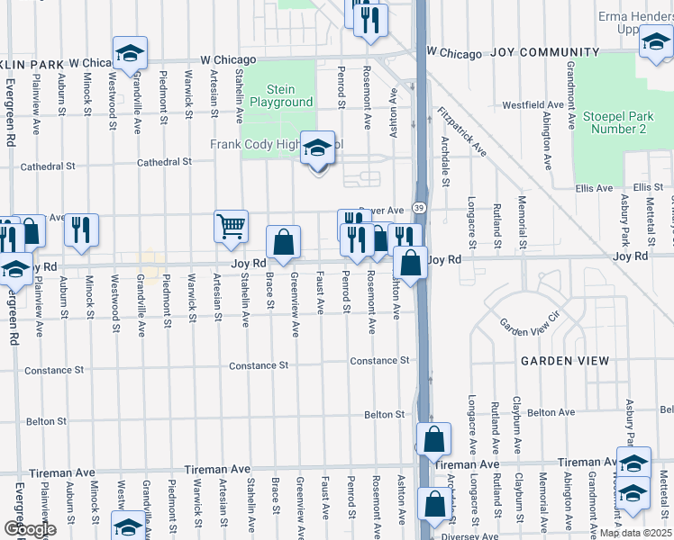 map of restaurants, bars, coffee shops, grocery stores, and more near 8672 Penrod Street in Detroit