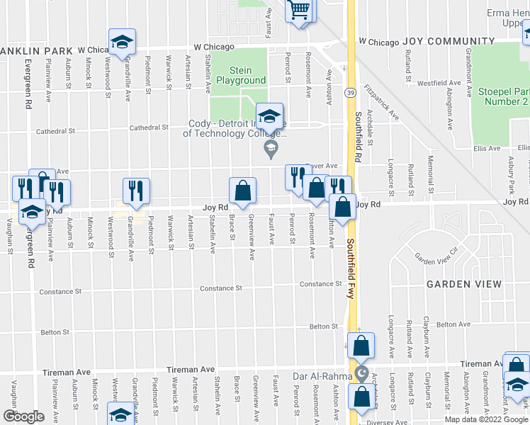 map of restaurants, bars, coffee shops, grocery stores, and more near 8665 Faust Avenue in Detroit