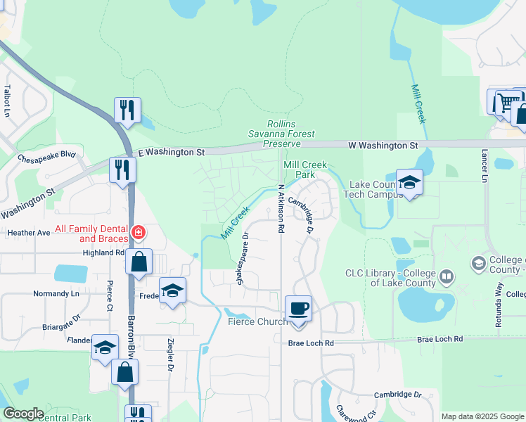 map of restaurants, bars, coffee shops, grocery stores, and more near 887 Shakespeare Drive in Grayslake