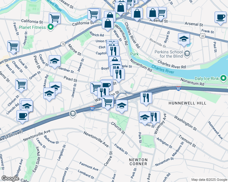 map of restaurants, bars, coffee shops, grocery stores, and more near in Newton