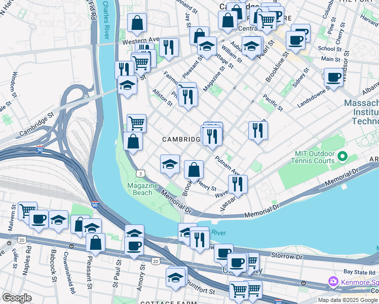 map of restaurants, bars, coffee shops, grocery stores, and more near 1 Pearl Street Place in Cambridge