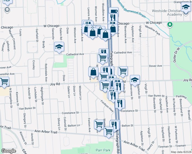 map of restaurants, bars, coffee shops, grocery stores, and more near 24230 Joy Road in Redford Charter Township