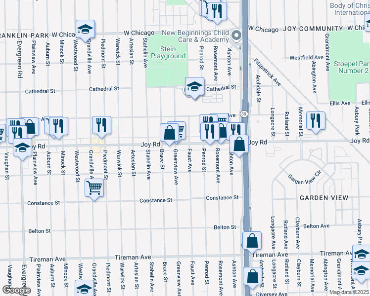 map of restaurants, bars, coffee shops, grocery stores, and more near 18511 Joy Road in Detroit
