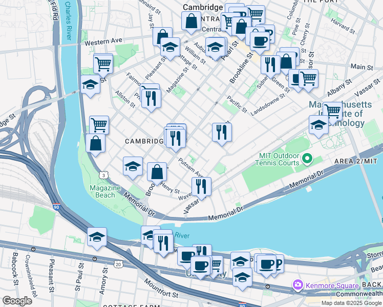 map of restaurants, bars, coffee shops, grocery stores, and more near 216 Sidney Street in Cambridge