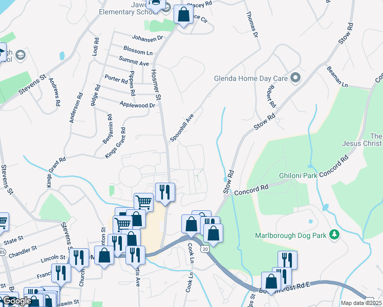 map of restaurants, bars, coffee shops, grocery stores, and more near 44 Briarwood Lane in Marlborough