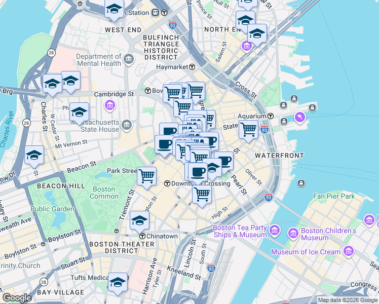map of restaurants, bars, coffee shops, grocery stores, and more near 297 Washington Street in Boston