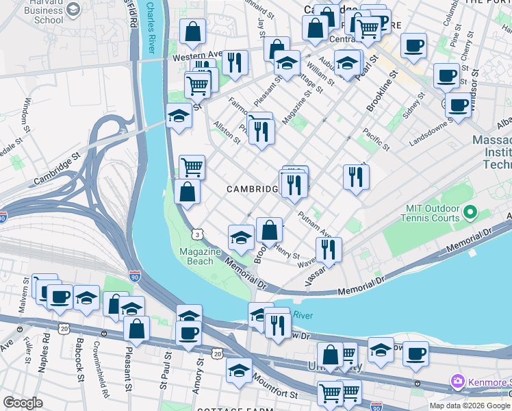 map of restaurants, bars, coffee shops, grocery stores, and more near Pearl St & Chestnut St in Cambridge
