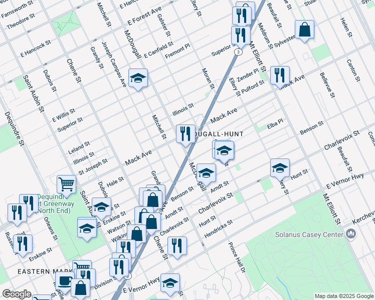 map of restaurants, bars, coffee shops, grocery stores, and more near in Detroit