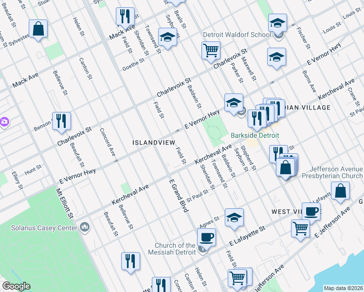 map of restaurants, bars, coffee shops, grocery stores, and more near 2171 Field Street in Detroit