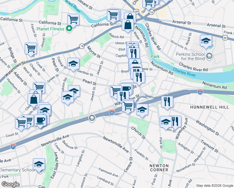 map of restaurants, bars, coffee shops, grocery stores, and more near 17 Channing Street in Newton