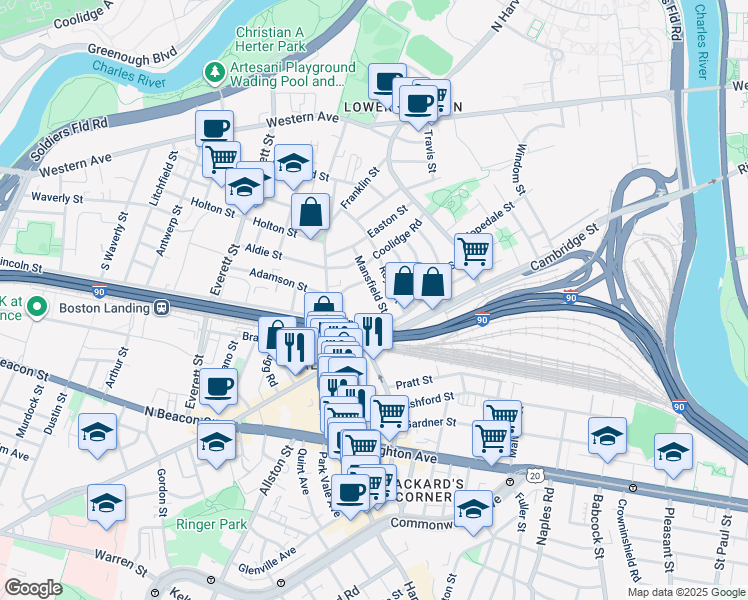 map of restaurants, bars, coffee shops, grocery stores, and more near 350 Lincoln Street in Boston