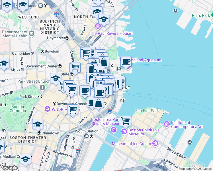map of restaurants, bars, coffee shops, grocery stores, and more near 125 Broad Street in Boston